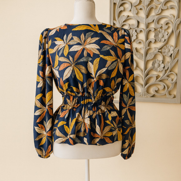 Endless Blue L Boho Blouse Navy  Cottagecore Peplum Vintage Inspired Festival - Picture 2 of 13